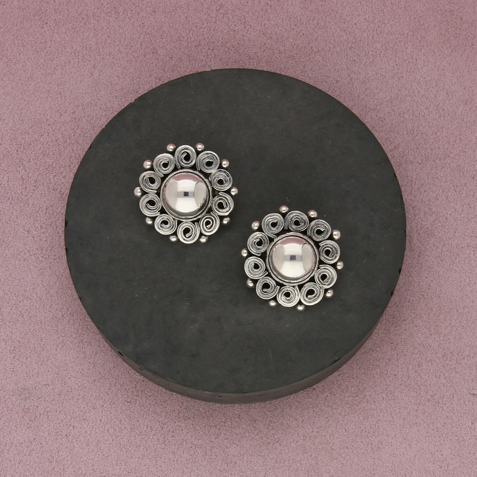 Mexico Sterling Silver Vintage Swirls Dome Clip-On Earrings